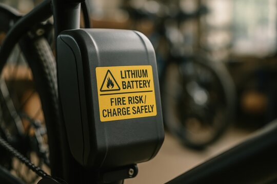 A lithium battery pack mounted on an electric bike displays a fire safety warning label, emphasizing proper charging practices and caution.