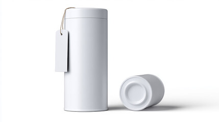 Premium upright tea tube packaging with removable lid and attached tag card, isolated on a clean white background