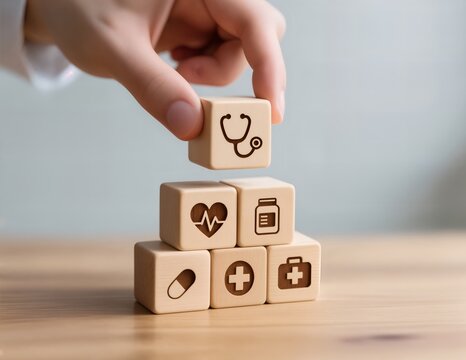 A photorealistic, perfectly lit close-up of a hand gently placing a small, smooth wooden block with a carved stethoscope icon onto a pyramid of similar blocks.