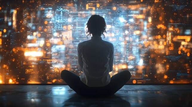 Person Meditating Before Data Stream Visualization