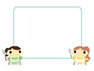 案内をするエプロン姿の女性　吹き出し　四角フレーム