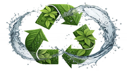 Green recycle symbol with fresh leaves surrounded by a water splash