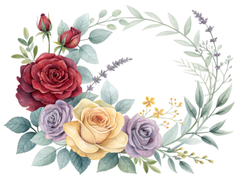 Red purple yellow roses lavender foliage wreath isolated on a transparent background image - Powered by Adobe