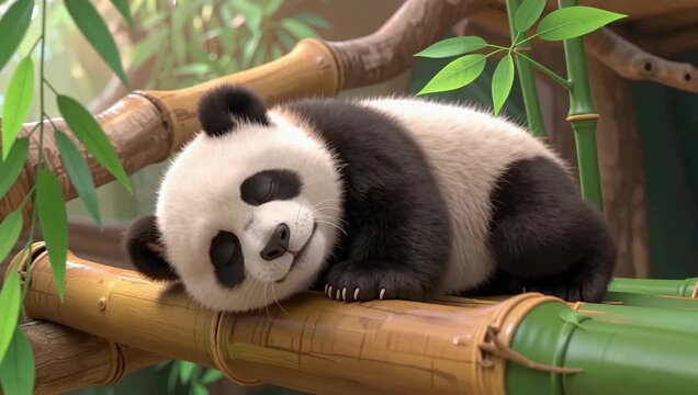 Adorable 3D animated baby panda cub sleeping peacefully on a bamboo branch in a lush green forest, smiling contentedly in its dream