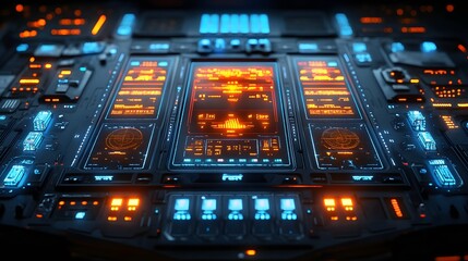 Futuristic Spaceship Control Panel with Glowing Screens