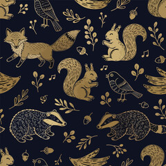 Gold and dark blue woodland pattern featuring squirrels, fox, birds, and badgers illustration, seamless pattern, Stock royalty free image.