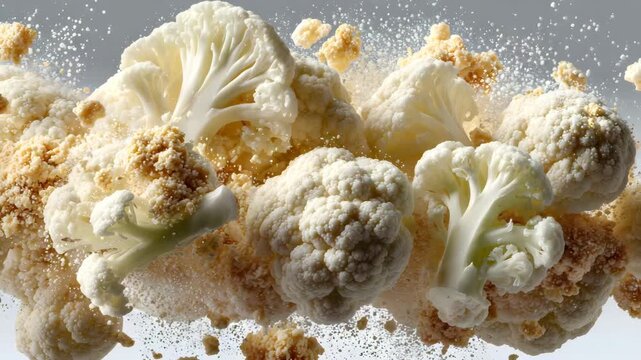 Dynamic cauliflower explosion showcasing fresh food in a vibrant, artistic composition