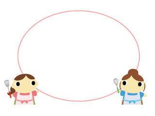 案内をするエプロン姿の女性　吹き出し　楕円フレーム