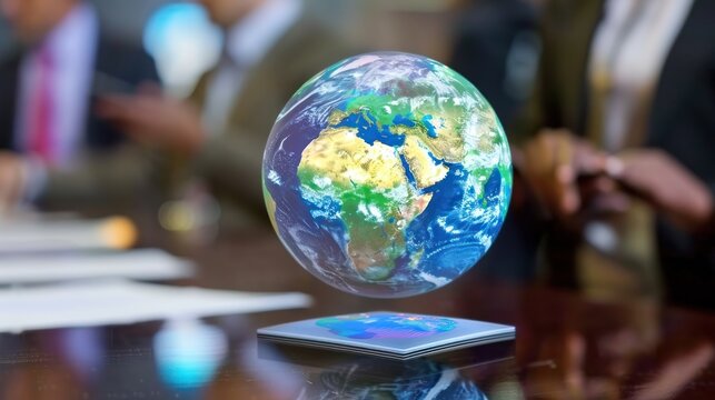 Holographic Earth Globe Floating Above Digital Tablet in Business Meeting Conference Room - Powered by Adobe