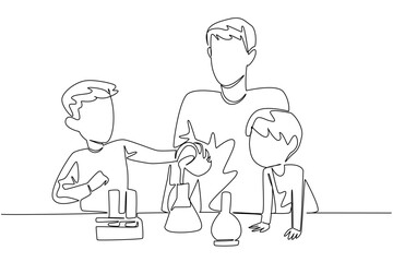 Single one line drawing a man accompanies 2 boys experimenting with measuring cups. Learn chemical reactions. Learning with fun. Child Care Provider Day. Continuous line design graphic illustration