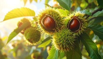 Close-up of ripe chestnuts on a branch, showcasing their reddish-brown nut interiors and spiky, vibrant green husks, bathed in the warm glow of sunlight filtering through the leaves.