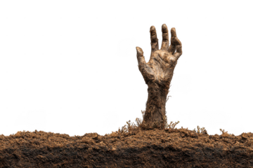A decayed hand emerges from the soil, symbolizing horror or resurrection against a black background.