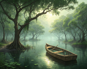 Misty swamp with an old wooden boat and ancient trees