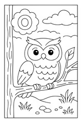 Alphabet coloring page with letter O and a cute owl sitting on a tree branch, perfect for preschool kids learning letters while enjoying creative coloring fun.