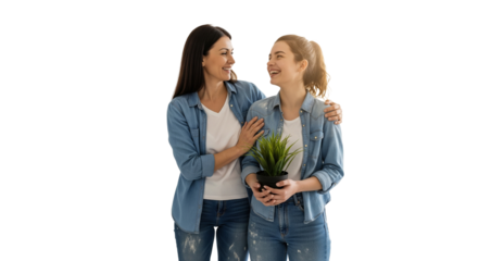 Portrait smiling mother helping young adult daughter