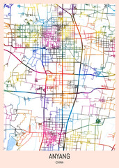 Anyang China City Map. downtown tourism, house art travel, scenic metropolis concept, travel art city, patriotic abstract banner
