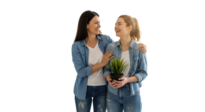 Portrait smiling mother helping young adult daughter
