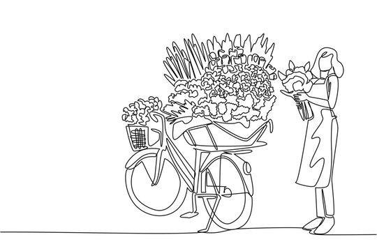 Single one line drawing a bicycle with a pile of flowers on the back. Selling flowers around. Small business from an early age. National Small Business Day. Continuous line design graphic illustration
