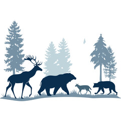 Silhouette of Deer and Howling Wolf in Forest Scene