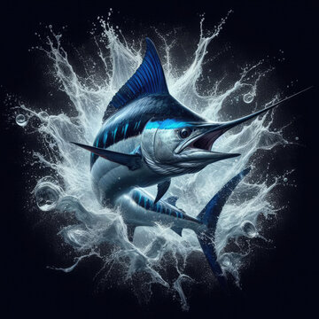 Striking Atlantic blue marlin bursts from water in circular splash on black background. Perfect for sport fishing apparel, tees, souvenirs, highlighting angling hobby