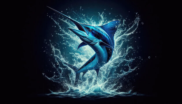 Vibrant Atlantic blue marlin leaps from waves under glowing moon on dark backdrop with splashes. Ideal for sport fishing tees, souvenirs, showcasing marine sport and hobby