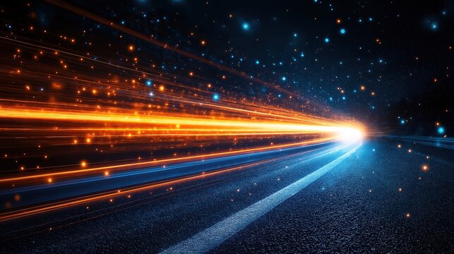 High speed light with blue and orange stripes in abstract, futuristic technological concept, showing motion blur against fast forward timeline background, creating a captivating visual effect that rep