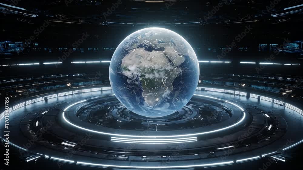 Wall mural futuristic earth hologram displayed in high-tech environment with neon illumination and sci-fi eleme