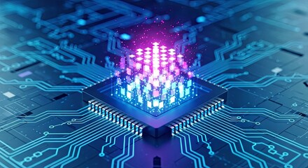 Artificial Intelligence Chip with Glowing Pixel Elements on a Tech Background