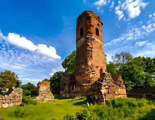 Ancient brick tower ruins under a vibrant sky