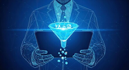 Businessman with Tablet and Funnel for Data Analysis Concept