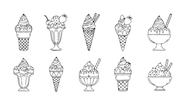 Collection of hand drawn ice cream cones and cups in a unique silhouette style