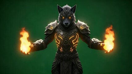 Epic Fantasy Werewolf Warrior in Glowing Magical Armor with Fiery Claws on Green Screen - Powered by Adobe
