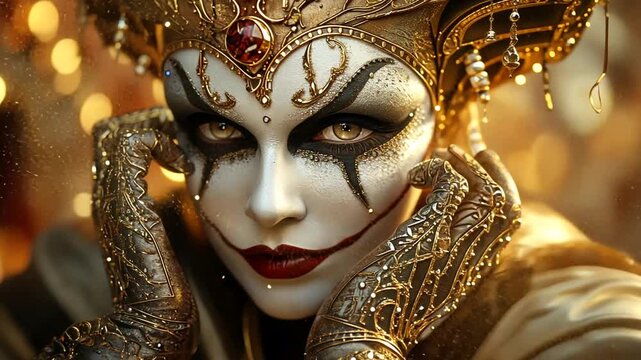A mysterious jester with dramatic makeup and an ornate golden costume gazes intently, her hands framing her face in a theatrical and enchanting pose.