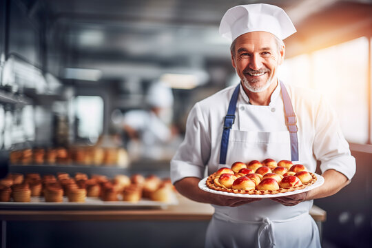 Senior professional chef proudly showing his freshly baked apple cake in a commercial kitchen, happy with the outcome of his work - Powered by Adobe