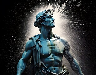 Ancient statue, water spray, powerful