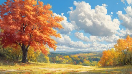 Fototapeta premium Vivid Autumn Landscape Painting with Maple Tree and Clouds