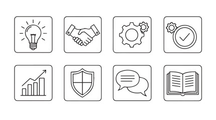 Collection of business concept icons in a hand drawn silhouette style