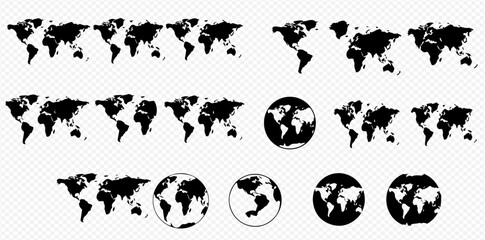 Multiple world map projections and globe representations in black and white on a transparent background. © Adji