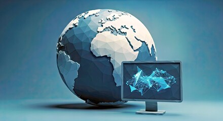 Global World and Monitor Screen in Low Poly Blue