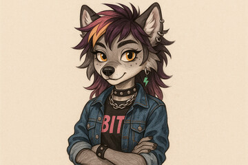 Anime Wolf Character in Style: A captivating anime-styled wolf character, exuding an expressive demeanor, sports a stylish punk look.