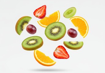 Fototapeta premium Vibrant slices of kiwi, orange, strawberry, and grapes suspended in the air, showcasing a colorful array of fresh fruit.