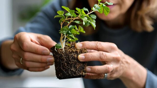 A person carefully planting a small green seedling into a pot, holding the delicate root ball with both hands in a close-up, focused view of the activity.