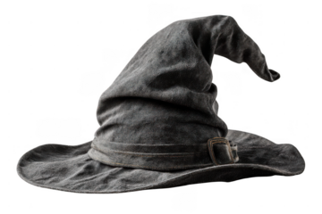 A worn, pointed witch hat with a wide brim and a decorative buckle on the side.