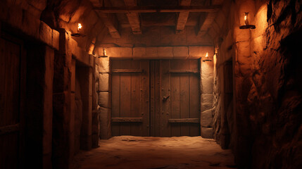 Medieval Wooden Doors in Stone Corridor Lit by Torches
