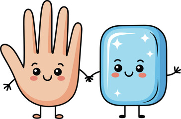 Cute cartoon illustration of happy hand and soap bar holding hands, hygiene awareness, handwashing promotion, healthcare, cleanliness, safety, prevention.