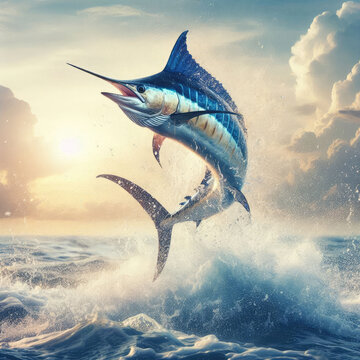 Graceful Atlantic blue marlin leaps at sunset with golden hues and splashes. Great for sport fishing gear, tees, souvenirs, embodying fishing passion