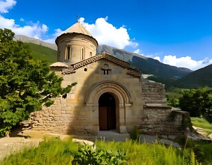 Ancient stone church nestled in mountains