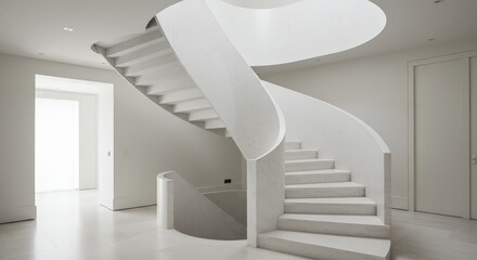 A staircase as a central art piece a floating spiral staircase made of cantilevered slabs of white marble, appearing to defy gravity. Architectural digest feature.