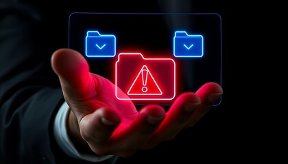 Hand Presenting Digital Warning Alert with Download Icons on Dark Background technology interface
