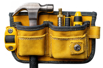 A yellow leather tool belt pocket containing a hammer, tape measure, and various hand tools.